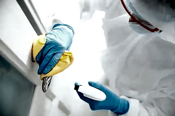a person spraying and wiping down a wall